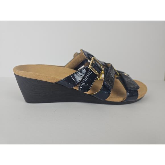Vionic Radia Sandals Womens Size 7 Blue Croc Patent Leather Wedge Comfort - Picture 2 of 9